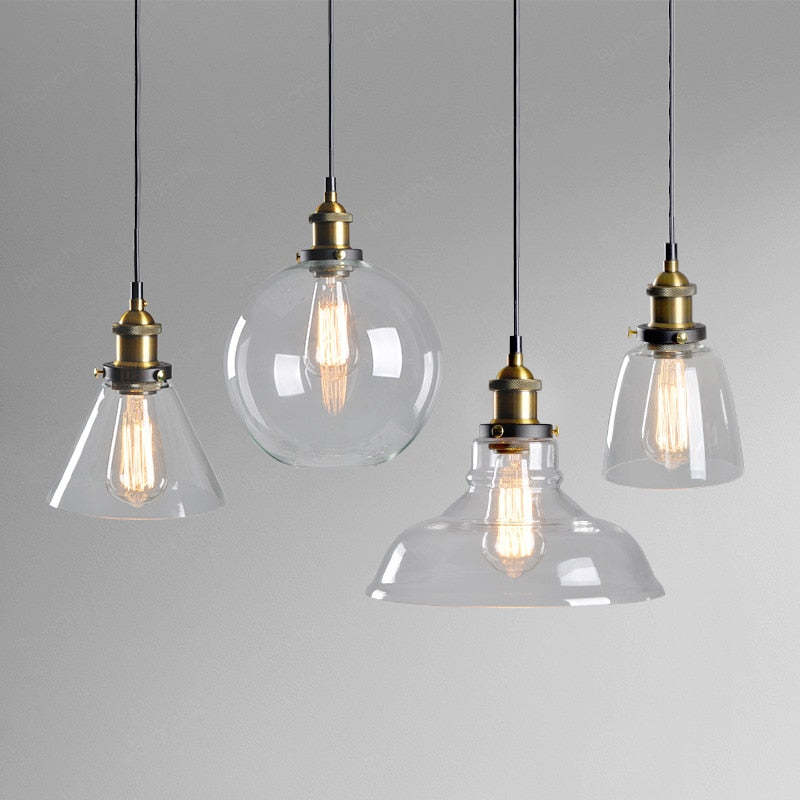 Industrial Glass Shade Hanging Pendant Light Metal Fixture Adjustable Cord Ceiling Lighting for Kitchen Dining Room Bedroom Clear Amber | Lonoma