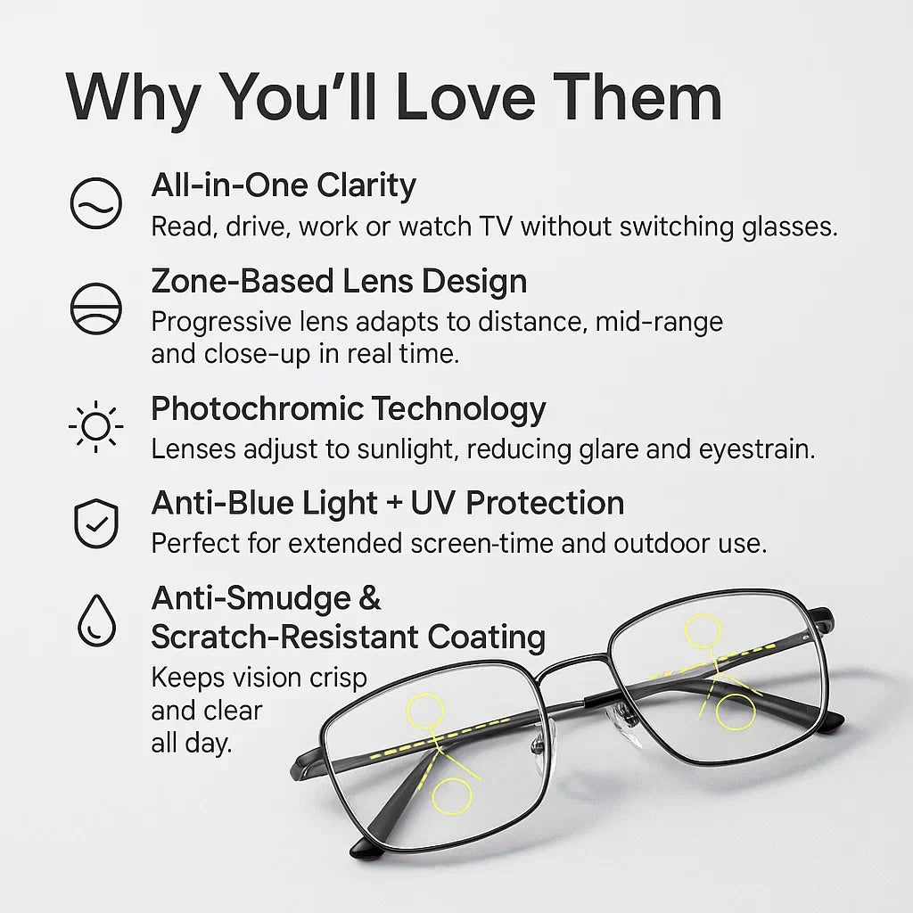 Progressive Multifocal Reading Glasses with Photochromic Lenses, UV & Blue Light Protection for Near & Far Vision | Lonoma