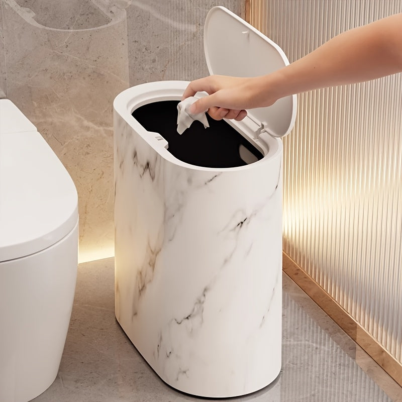 Compact Lidded Waste Bin Oval Marble-Look Trash Can 11.4 × 11.4 × 5.7 in Plastic for Bathroom Kitchen Bedroom Office Small Space | Lonoma