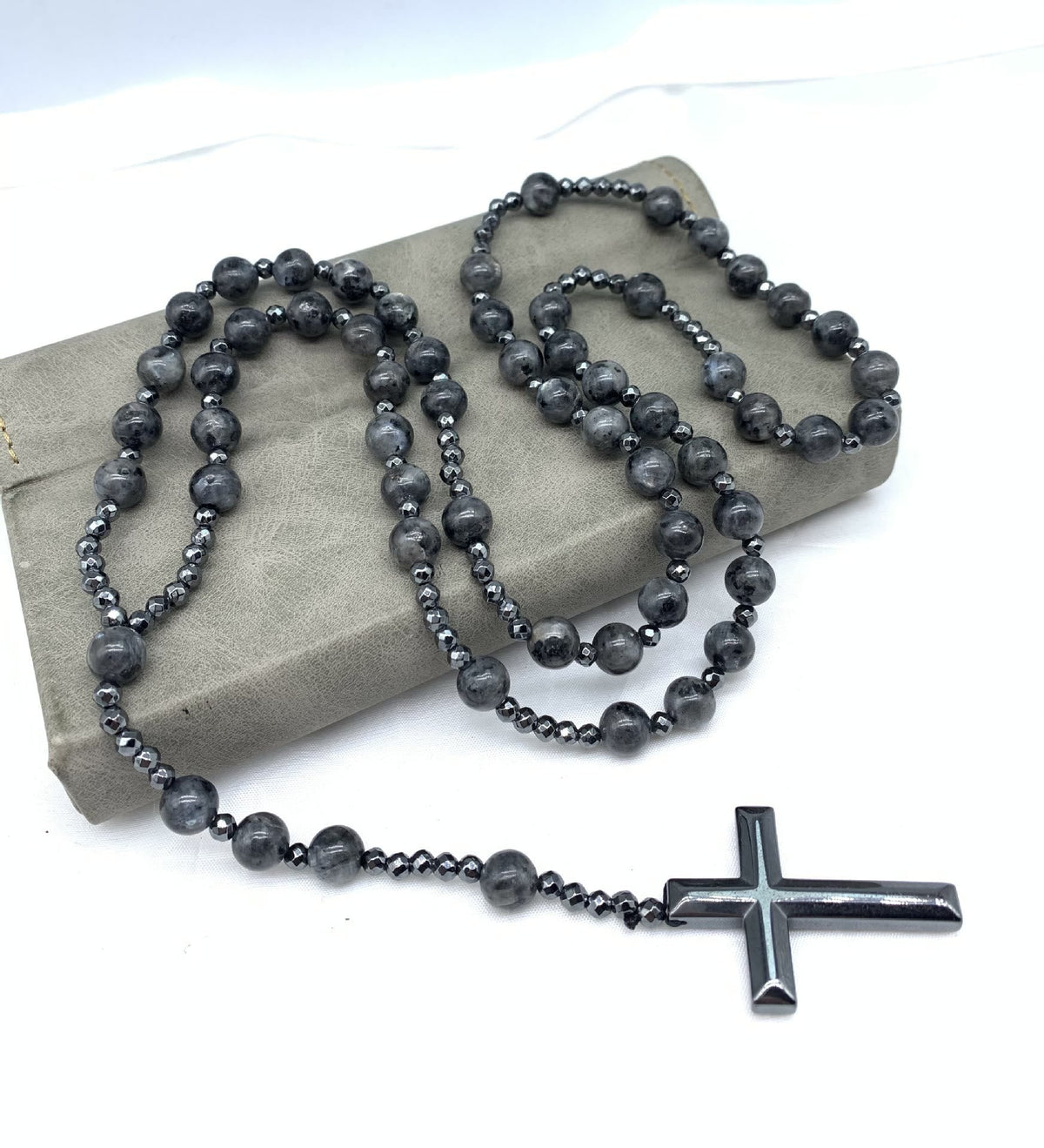 Natural Stone Rosary Necklace with Cross Pendant for Men – Tiger Eye, Lapis Lazuli, Jasper – Adjustable Length Beaded Chain | Lonoma