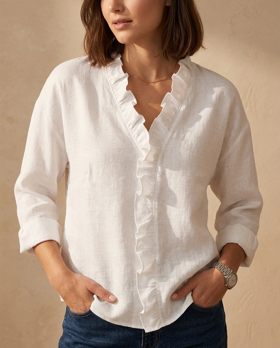 Women's Flowing V-Neck Blouse with Ruffle Trim – Long Sleeve Dressy Casual Top for Work & Evening – Pairs with Jeans, Skirts & Trousers | Lonoma