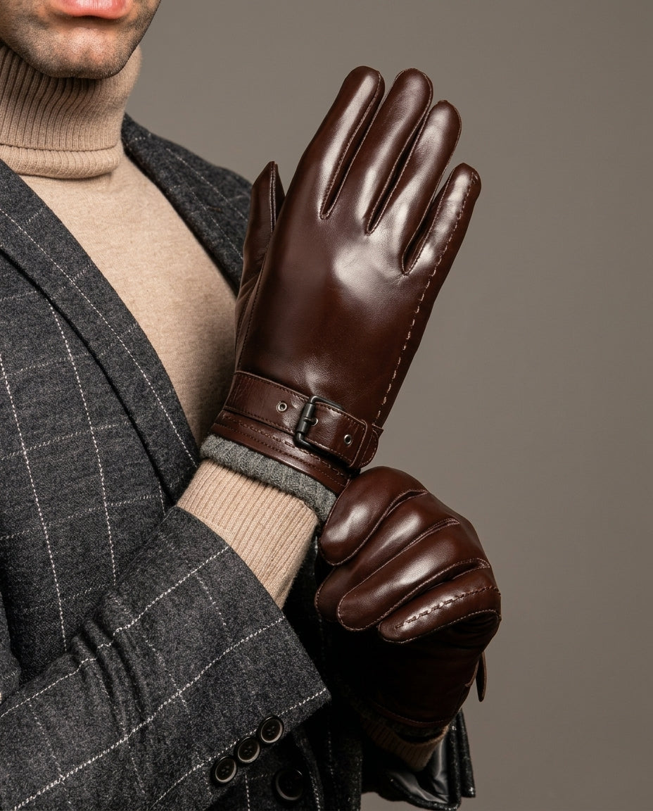 Premium Italian Leather Gloves for Men – Wool-Lined, Adjustable Strap, Winter Warmth for Cold Weather, Driving, Formal Wear | Lonoma