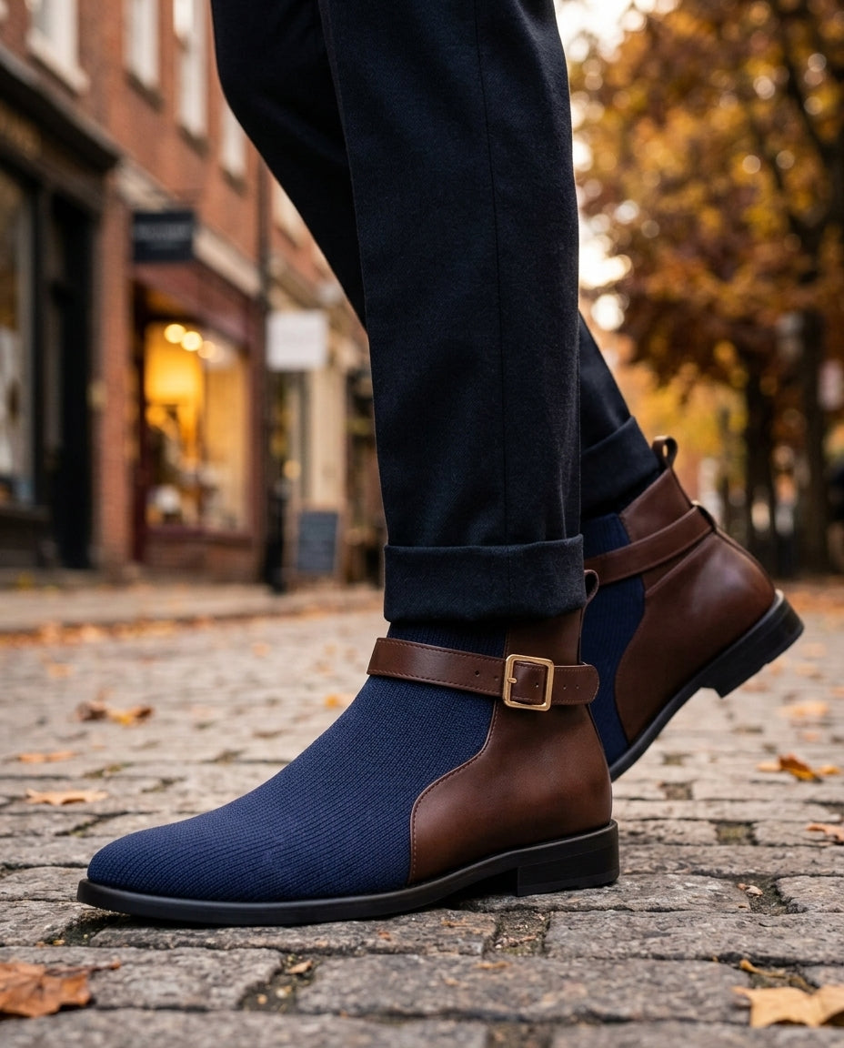 Men's Cushioned Leather Chelsea Boots with Arch Support – Navy & Gray Slip-On Ankle Boots for Work & Everyday | Lonoma
