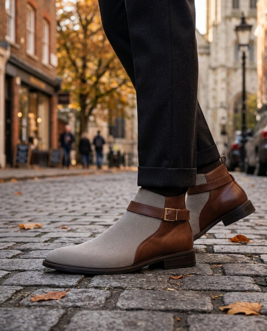 Men's Cushioned Leather Chelsea Boots with Arch Support – Navy & Gray Slip-On Ankle Boots for Work & Everyday | Lonoma
