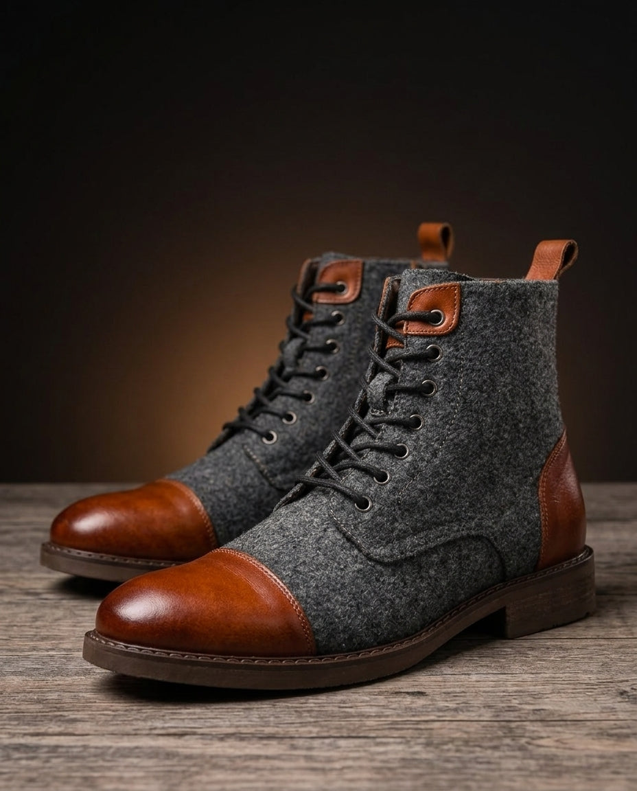Men's Heritage Leather Ankle Boots with Wool Panel Detailing – Classic Lace-Up Footwear for Everyday Wear | Lonoma