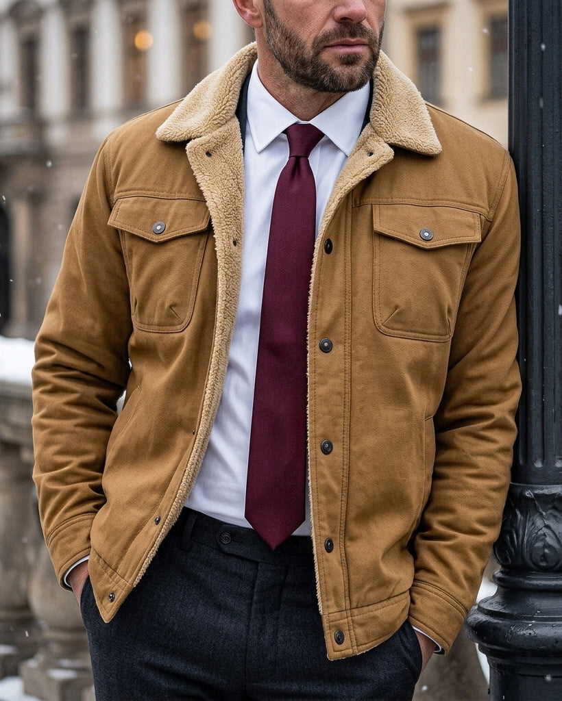 Men's Warm Cotton Work Jacket with Sherpa Lining & Button Front for Fall, Winter, Outdoor Chores, Casual Layering, Cold Weather | Lonoma