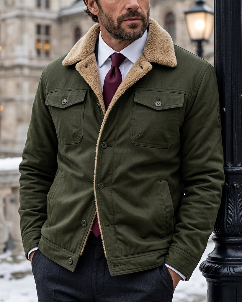 Men's Warm Cotton Work Jacket with Sherpa Lining & Button Front for Fall, Winter, Outdoor Chores, Casual Layering, Cold Weather | Lonoma