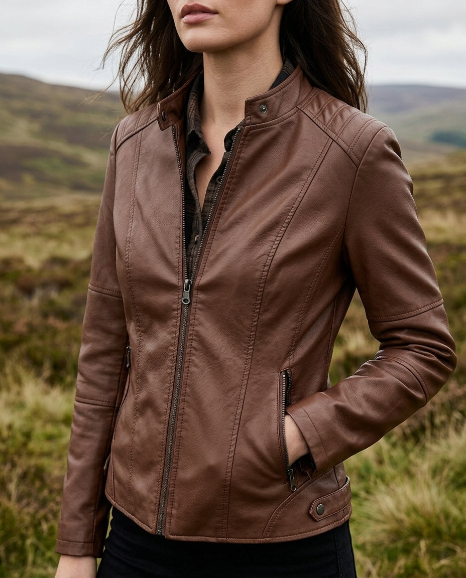 Women's Cropped Moto Jacket Vegan Leather Zip Front Mock Neck Structured Fit Short Coat Fall Spring Outerwear | Lonoma