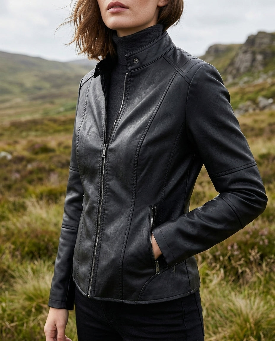 Women's Cropped Moto Jacket Vegan Leather Zip Front Mock Neck Structured Fit Short Coat Fall Spring Outerwear | Lonoma