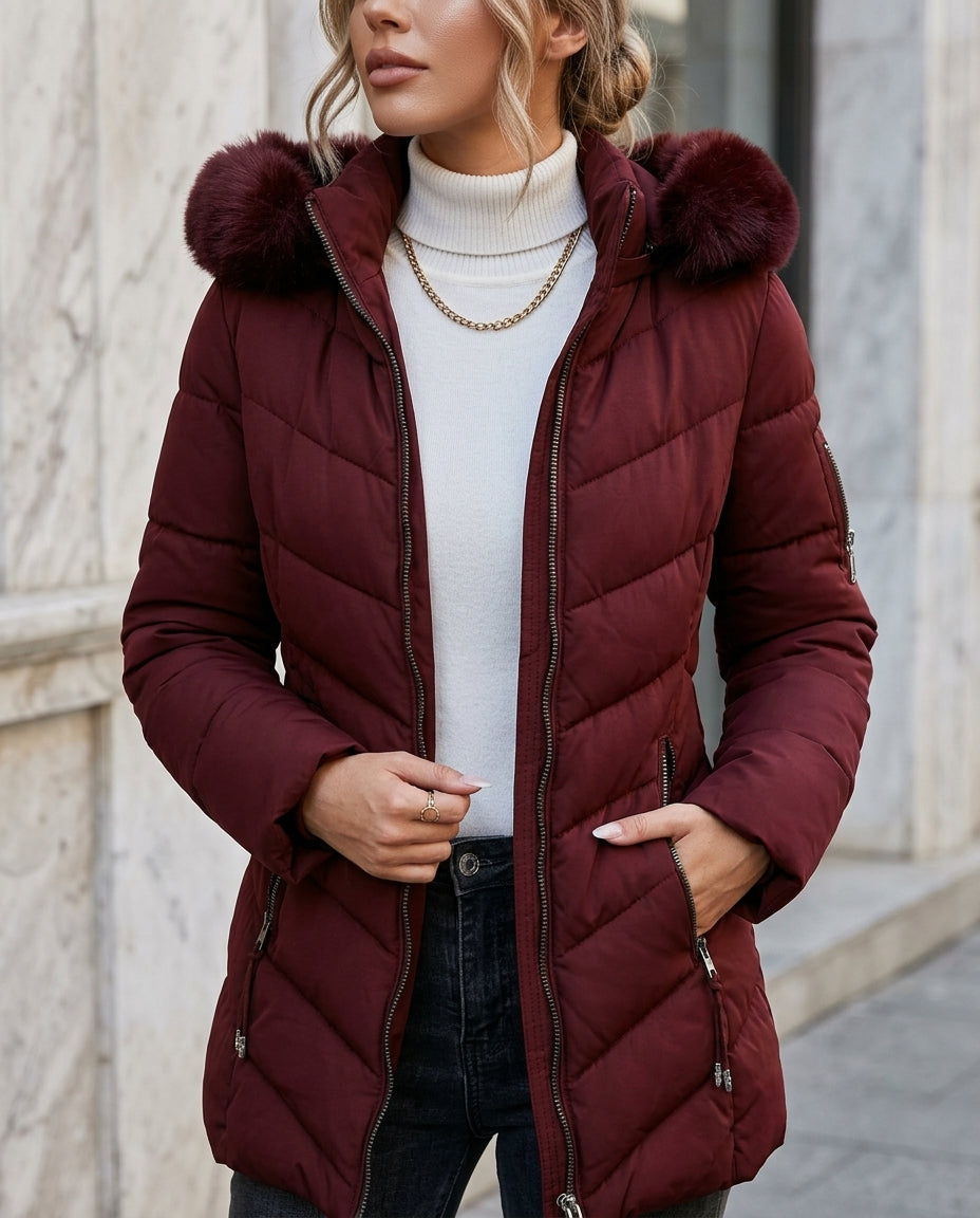 Insulated Hooded Puffer Jacket Women's Winter Outerwear with Adjustable Waist Tie Warm Padded Coat for Cold Weather Casual or Dressy | Lonoma