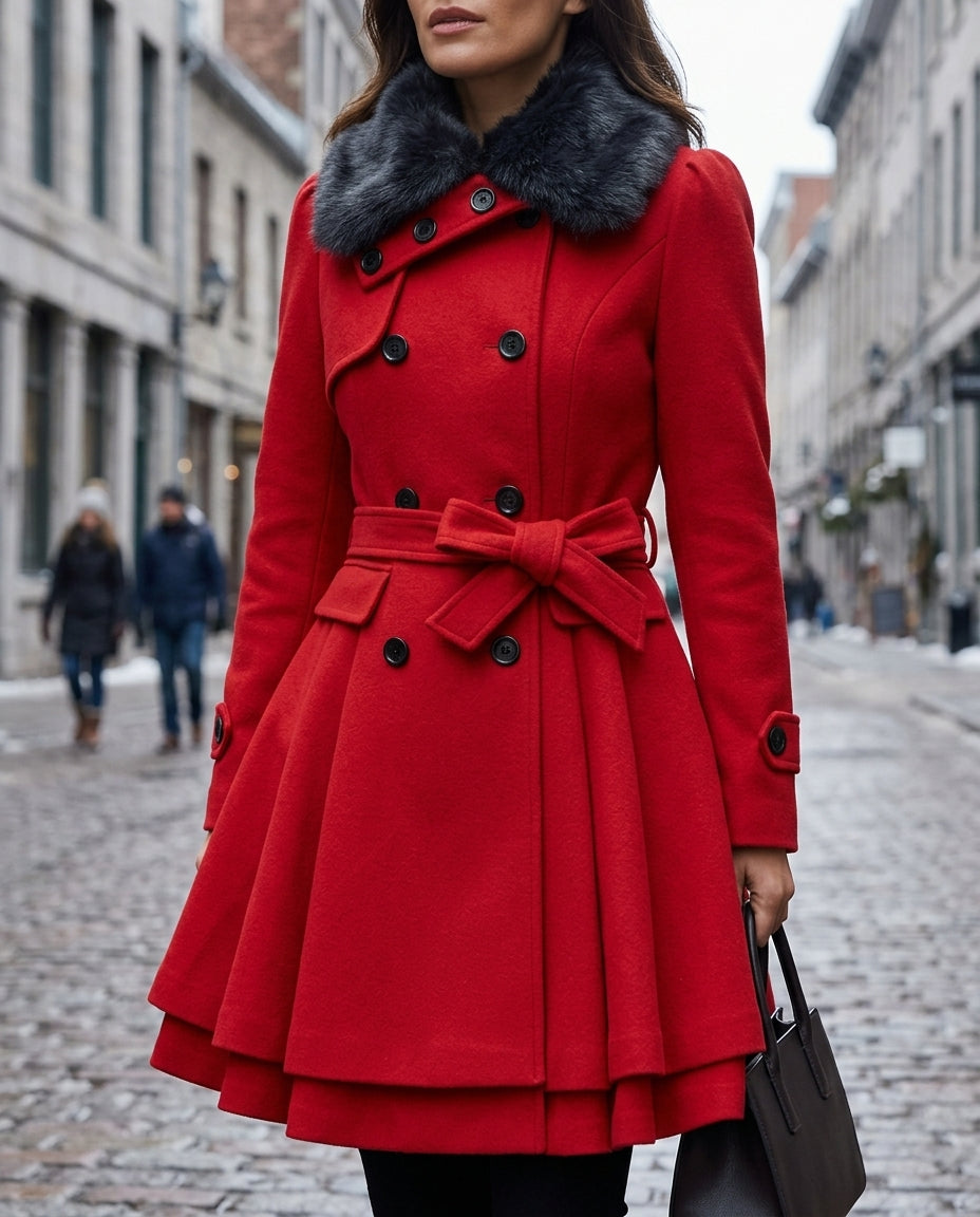 Women's Belted Wool Coat with Faux Fur Collar and Tiered Peplum Skirt for Winter | Lonoma