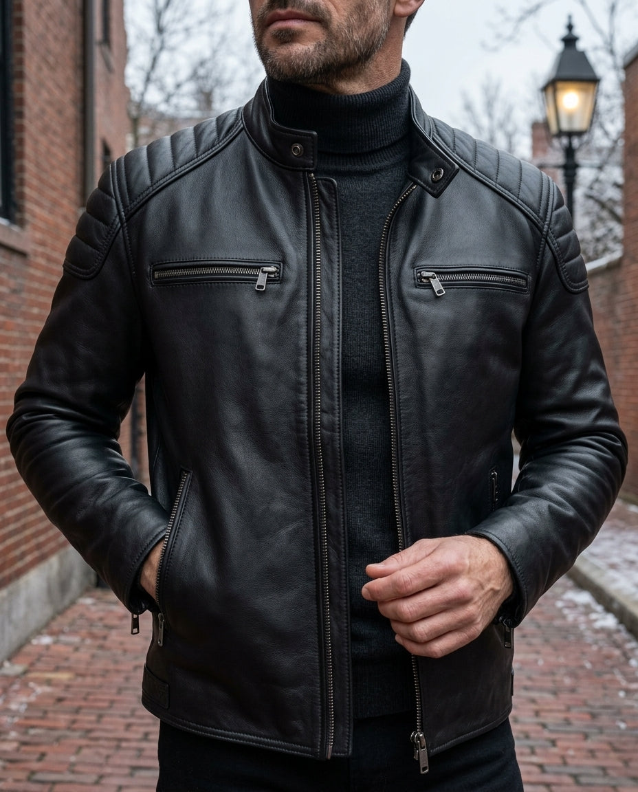 Men's Leather Motorcycle Jacket with Quilted Shoulders and Stand Collar | Lonoma