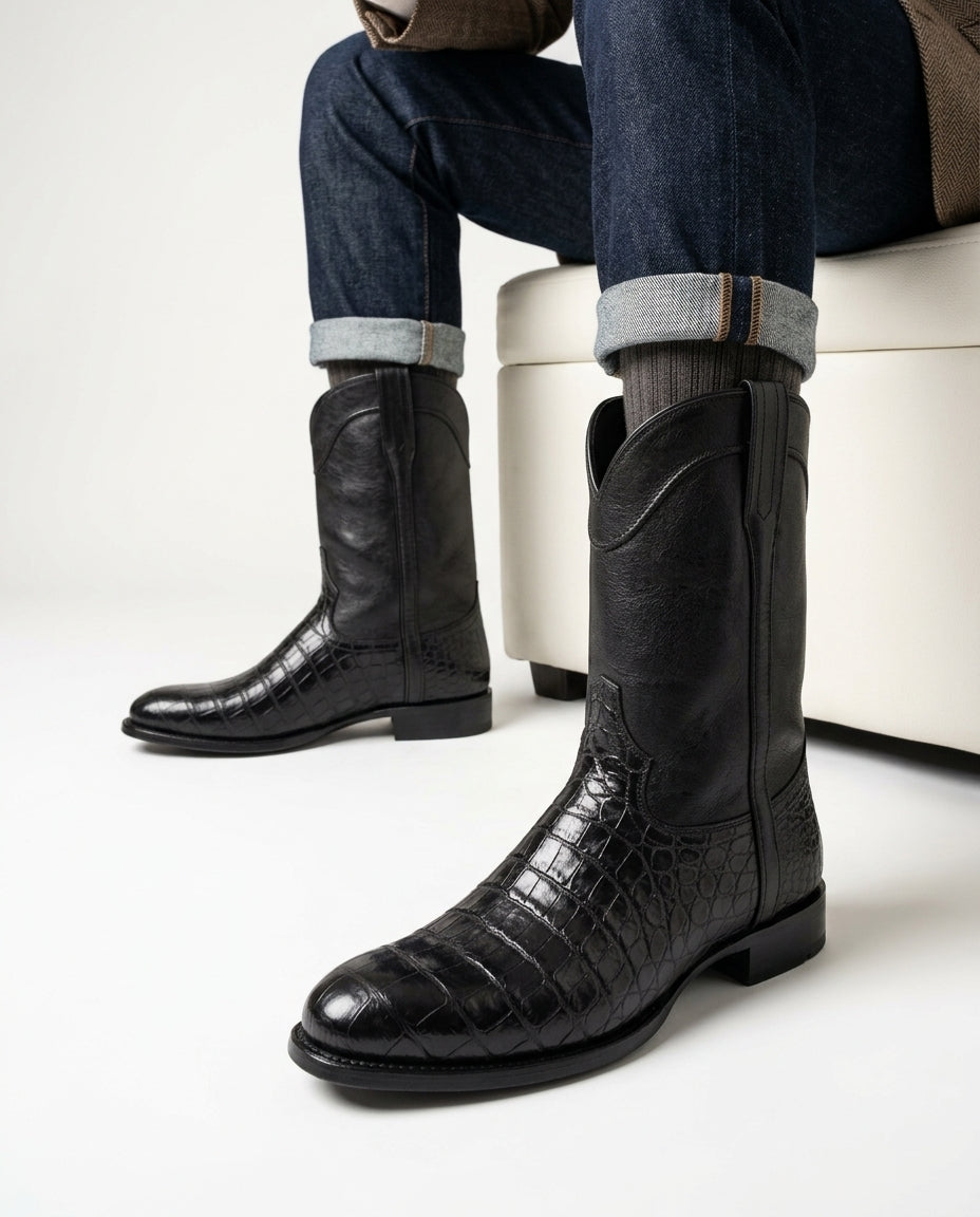 Men's Western Pull-On Boots with Crocodile-Embossed Leather Vamp & Cushioned Footbed for All-Day Comfort | Lonoma