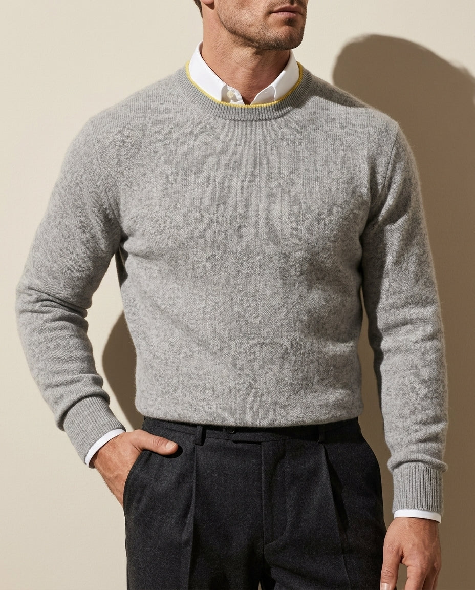 Men's Brushed Cashmere Pullover Sweater – Crew Neck with Contrast Detail for Business Casual | Lonoma