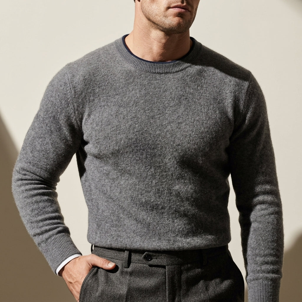 Men's Brushed Cashmere Pullover Sweater – Crew Neck with Contrast Detail for Business Casual | Lonoma