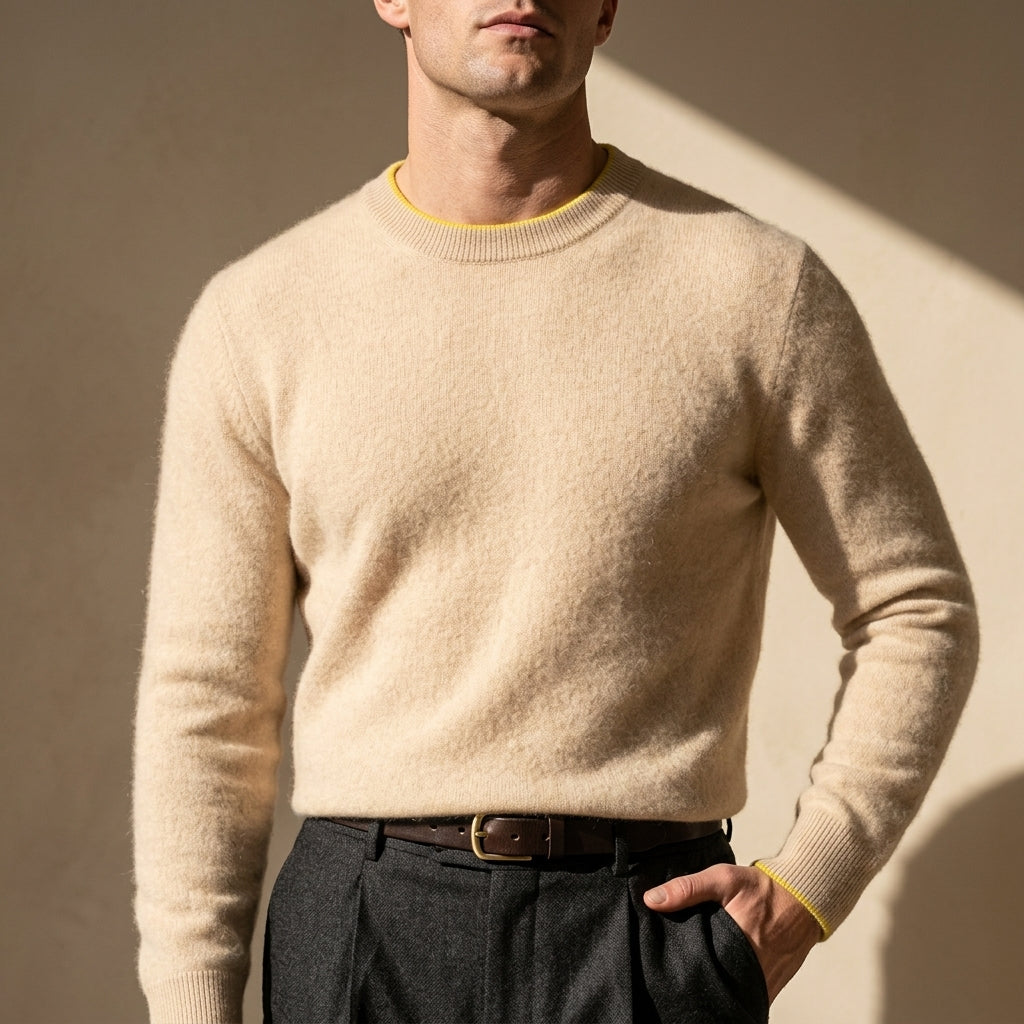 Men's Brushed Cashmere Pullover Sweater – Crew Neck with Contrast Detail for Business Casual | Lonoma