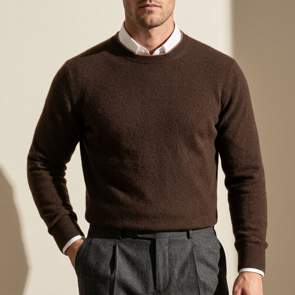 Men's Brushed Cashmere Pullover Sweater – Crew Neck with Contrast Detail for Business Casual | Lonoma