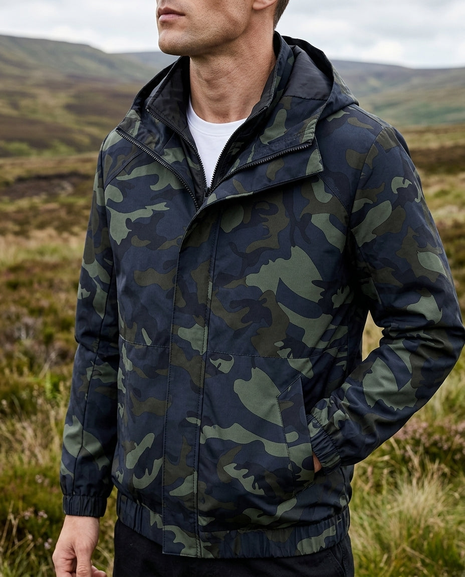 Men's Camo Hooded Windbreaker Jacket - Lightweight Water-Resistant Outdoor Coat for Hiking, Camping & Everyday Casual Wear | Lonoma