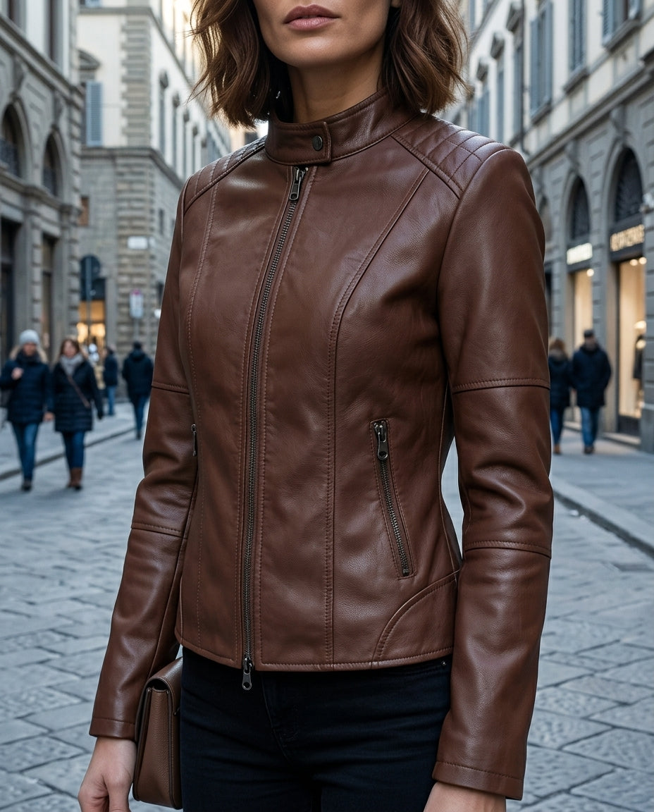 Women's Cropped Genuine Leather Biker Jacket with Zip Pockets and Buckle Detail for Fall, Spring, Evening Wear | Lonoma