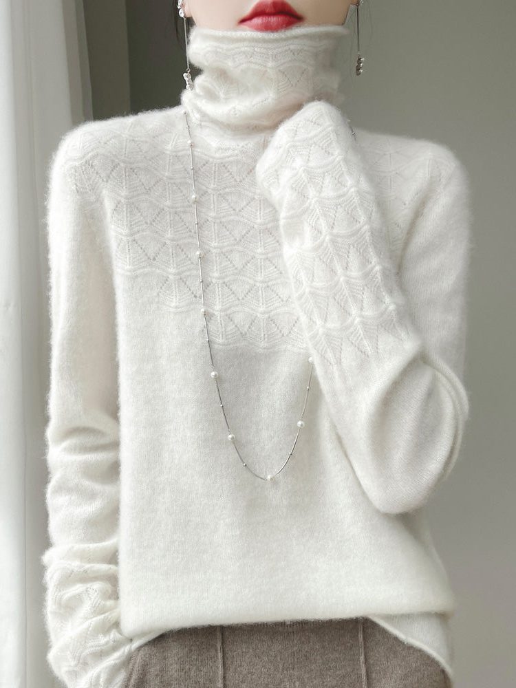 Women's Turtleneck Sweater with Open Stitch Detail in Soft Brushed Knit | Relaxed Fit Pullover for Layering | Fall Winter Wardrobe Essential | Lonoma