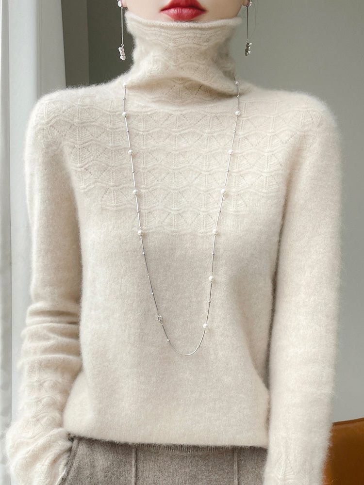 Women's Turtleneck Sweater with Open Stitch Detail in Soft Brushed Knit | Relaxed Fit Pullover for Layering | Fall Winter Wardrobe Essential | Lonoma