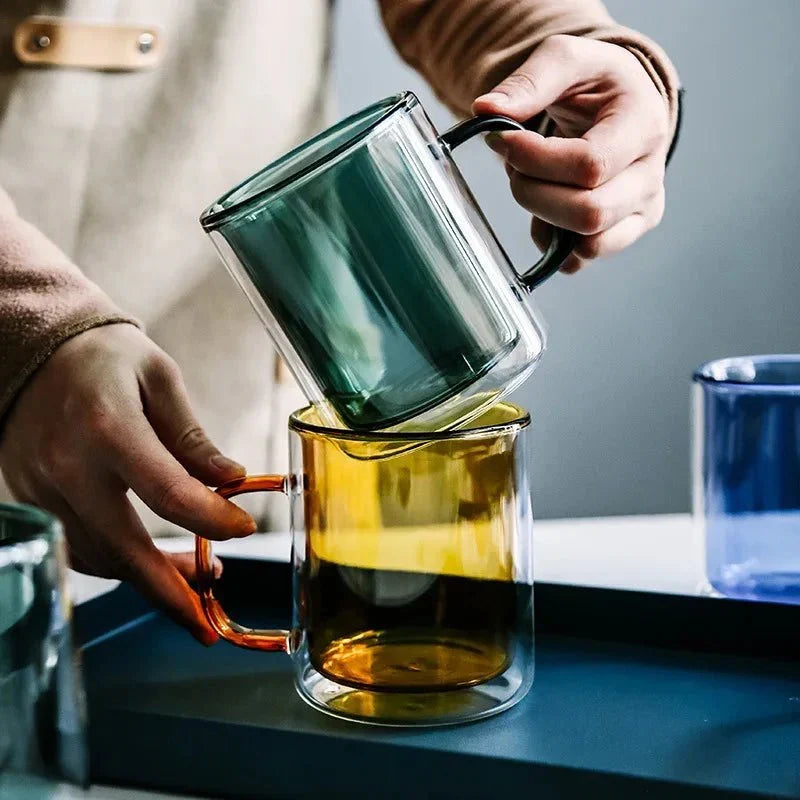 Glass Coffee Mug with Insulated Double Wall, Ergonomic Handle for Hot Beverages | Kitchen Drinkware for Coffee, Tea, Lattes | Lonoma