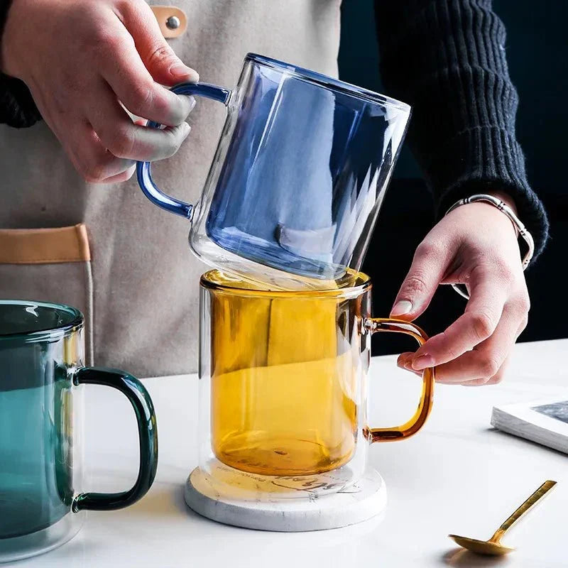 Glass Coffee Mug with Insulated Double Wall, Ergonomic Handle for Hot Beverages | Kitchen Drinkware for Coffee, Tea, Lattes | Lonoma