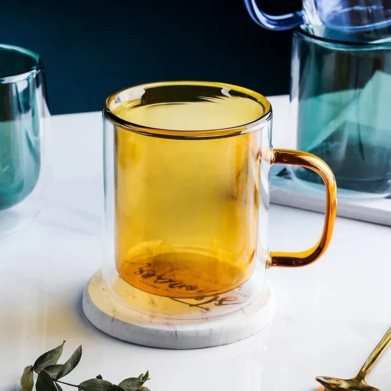 Glass Coffee Mug with Insulated Double Wall, Ergonomic Handle for Hot Beverages | Kitchen Drinkware for Coffee, Tea, Lattes | Lonoma