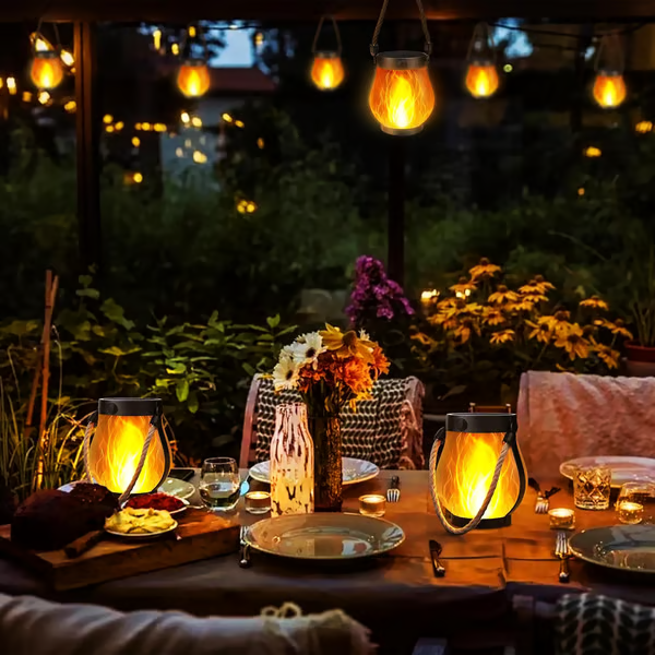 Solar Garden Lantern with Flickering Flame Effect for Outdoor Decor, Rechargeable LED Lantern with Rope Handle, Bronze Metal & Glass | Lonoma