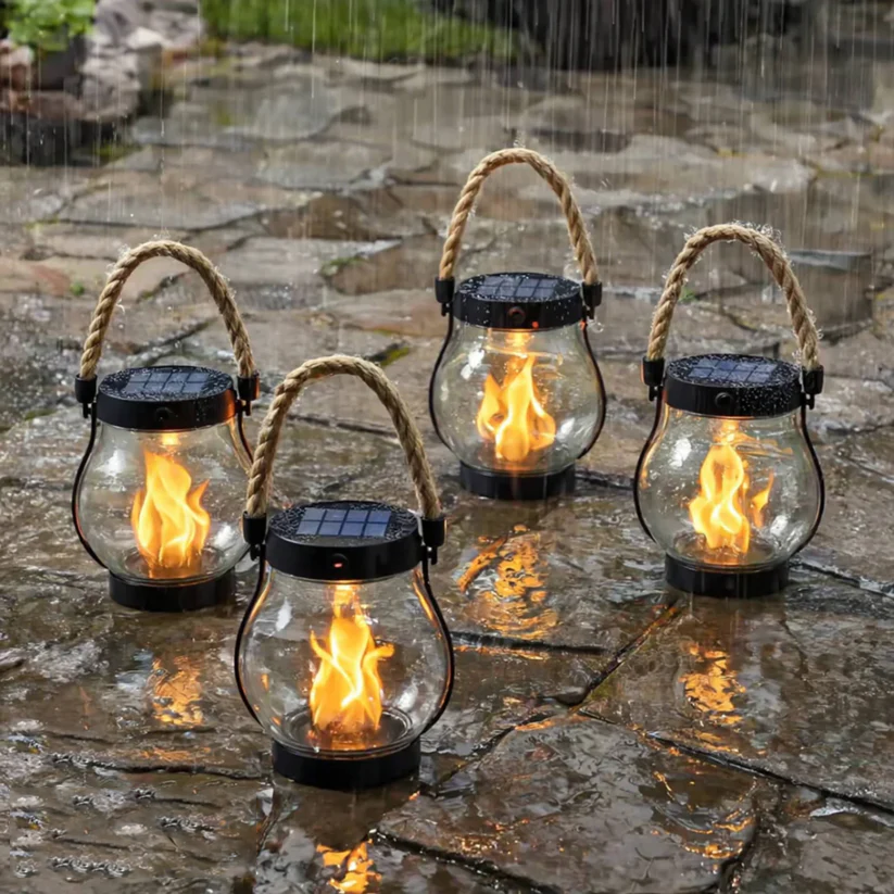 Solar Garden Lantern with Flickering Flame Effect for Outdoor Decor, Rechargeable LED Lantern with Rope Handle, Bronze Metal & Glass | Lonoma