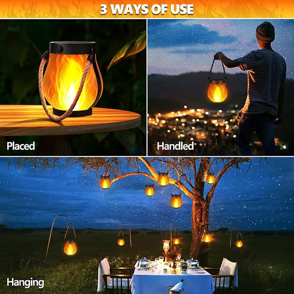 Solar Garden Lantern with Flickering Flame Effect for Outdoor Decor, Rechargeable LED Lantern with Rope Handle, Bronze Metal & Glass | Lonoma
