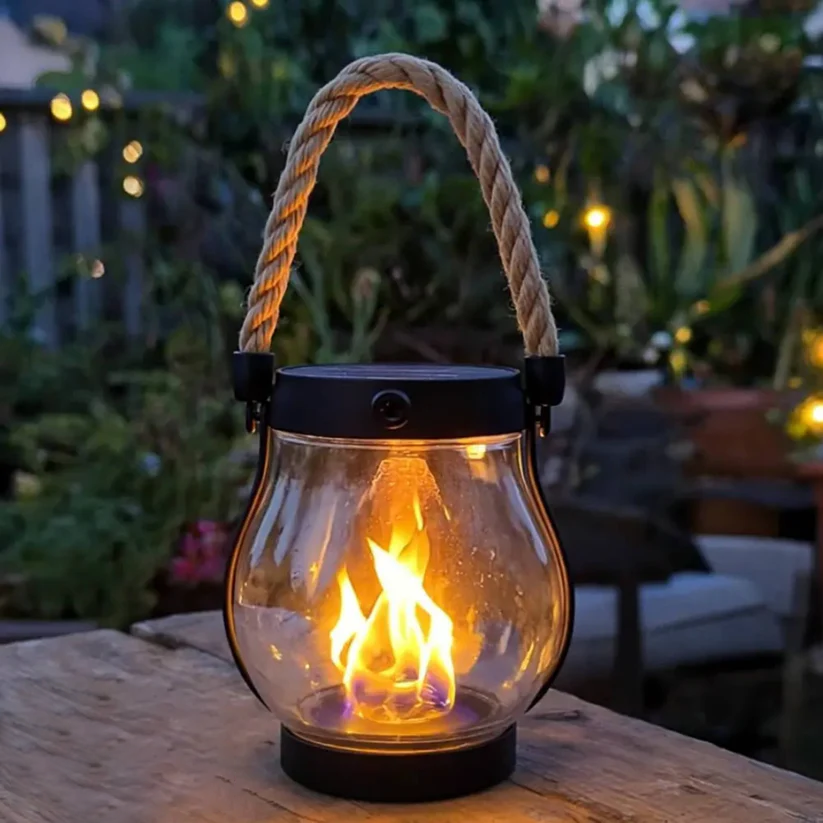 Solar Garden Lantern with Flickering Flame Effect for Outdoor Decor, Rechargeable LED Lantern with Rope Handle, Bronze Metal & Glass | Lonoma