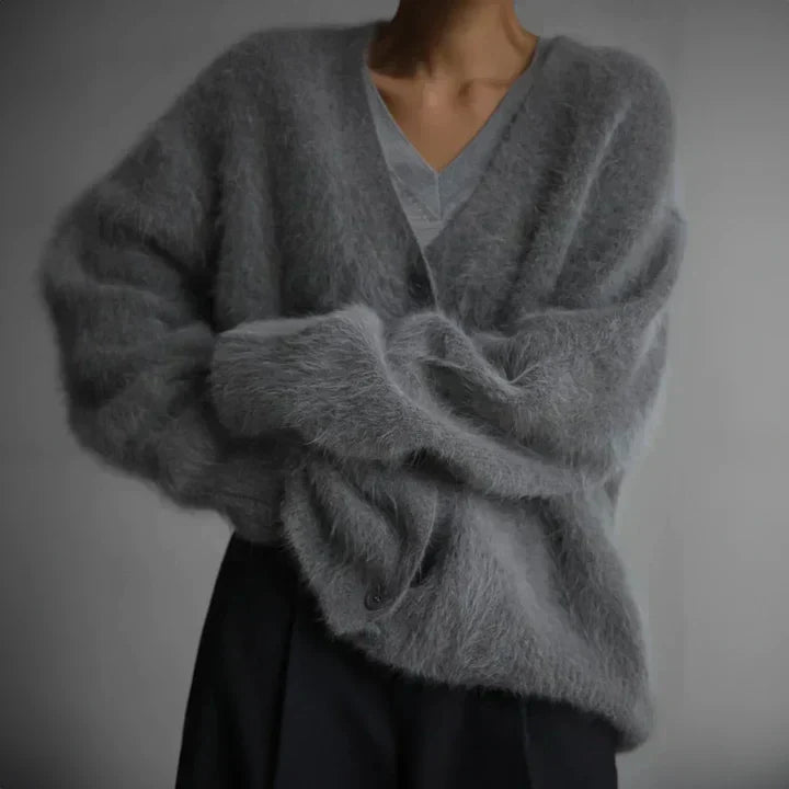 Women's Plush V-Neck Button-Front Cardigan – Cozy Oversized Sweater with Dropped Shoulders for Fall & Winter | Casual Knitwear | Lonoma