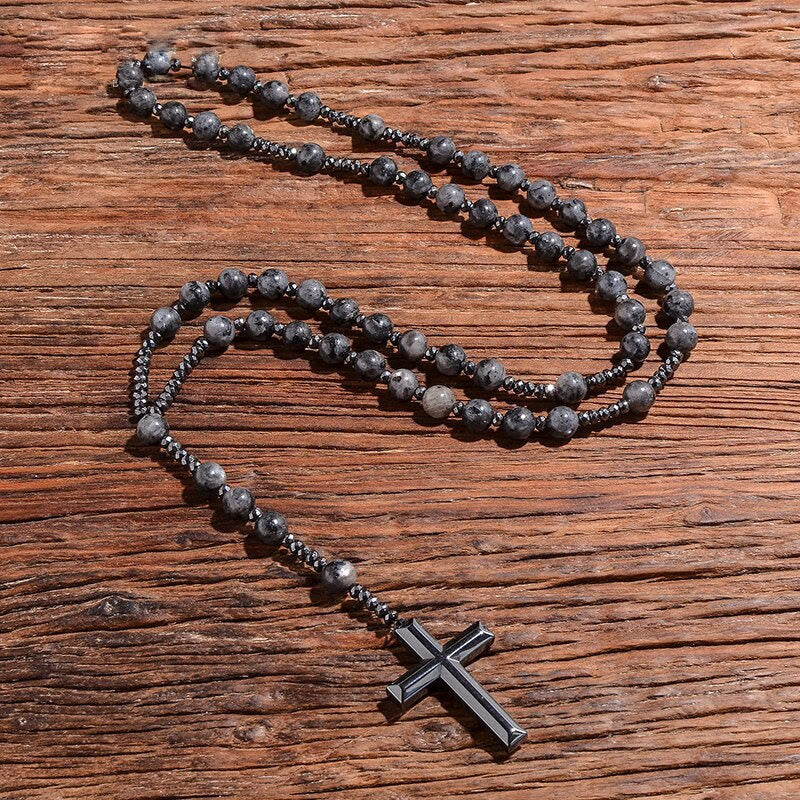 Natural Stone Rosary Necklace with Cross Pendant for Men – Tiger Eye, Lapis Lazuli, Jasper – Adjustable Length Beaded Chain | Lonoma