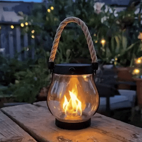 Solar Lantern with Flame Effect, 22 LED Hanging Outdoor Light, Waterproof Hemp Rope Handle for Patio, Garden, Balcony & Deck | Lonoma
