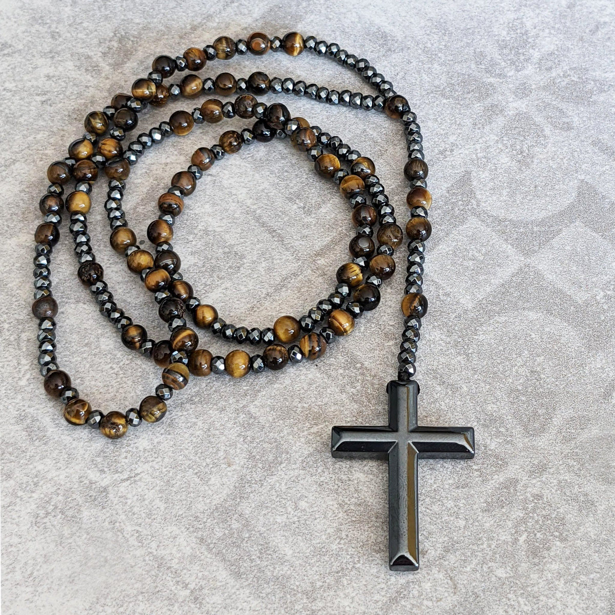 Beaded Stone Necklace for Men with Cross Pendant – Natural Gemstone Jewelry for Everyday Wear, Meditation & Mindfulness | Lonoma