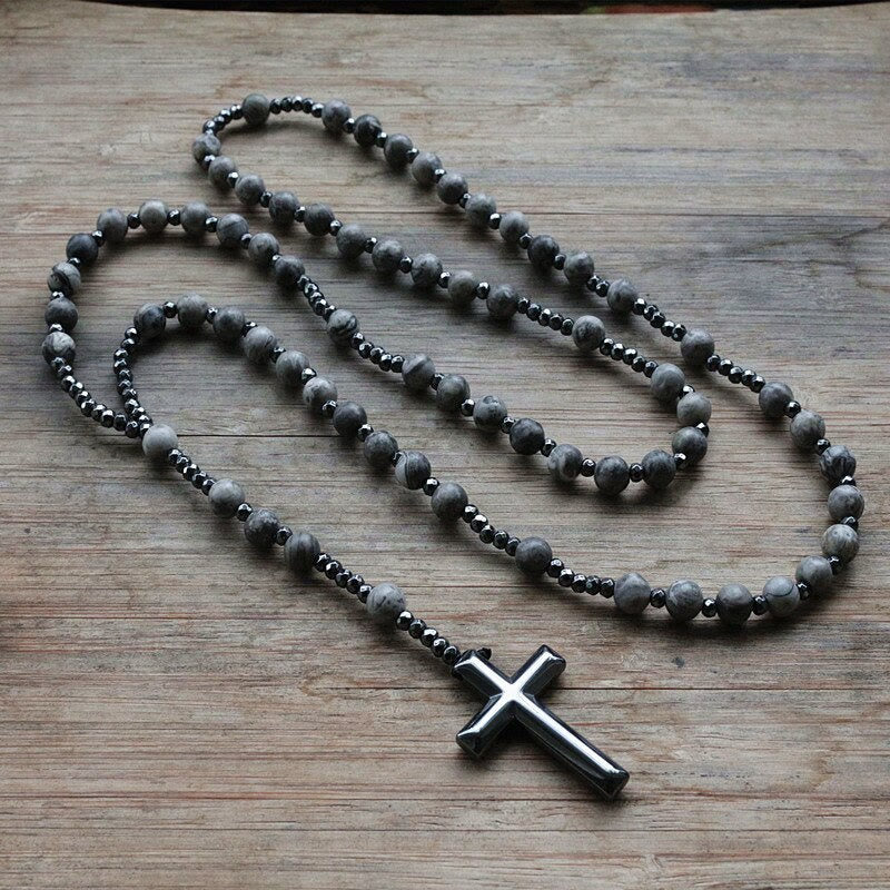 Beaded Stone Necklace for Men with Cross Pendant – Natural Gemstone Jewelry for Everyday Wear, Meditation & Mindfulness | Lonoma