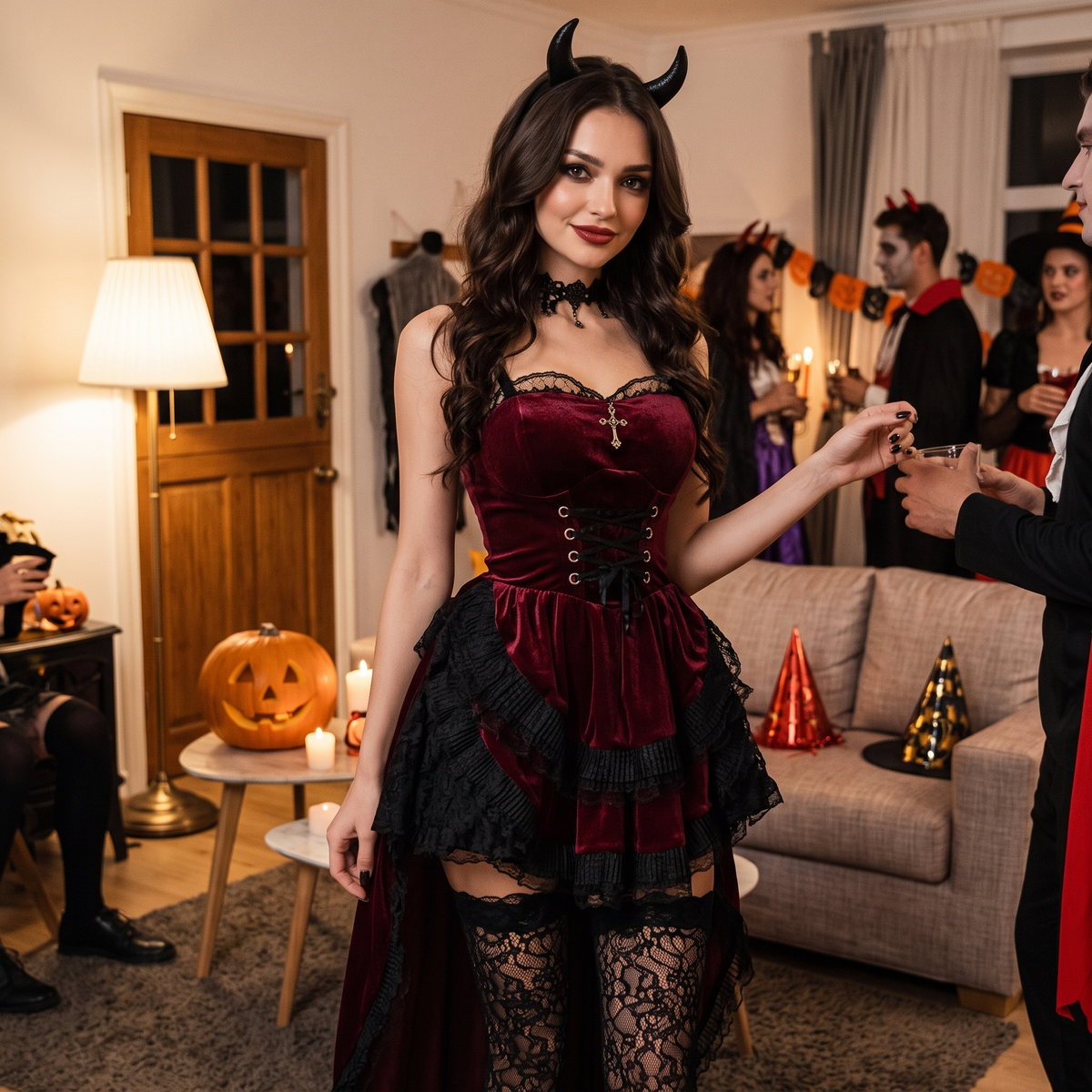 Gothic halloweenkostuum in grote maten op een halloweenfeest