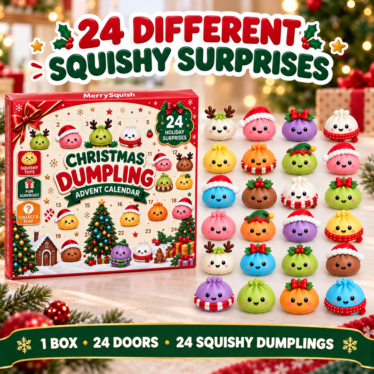 Holiday Countdown Calendar with 24 Soft Squishy Dumpling Characters Christmas Advent Toy Set for Kids December Daily Surprise Collectibles | Lonoma