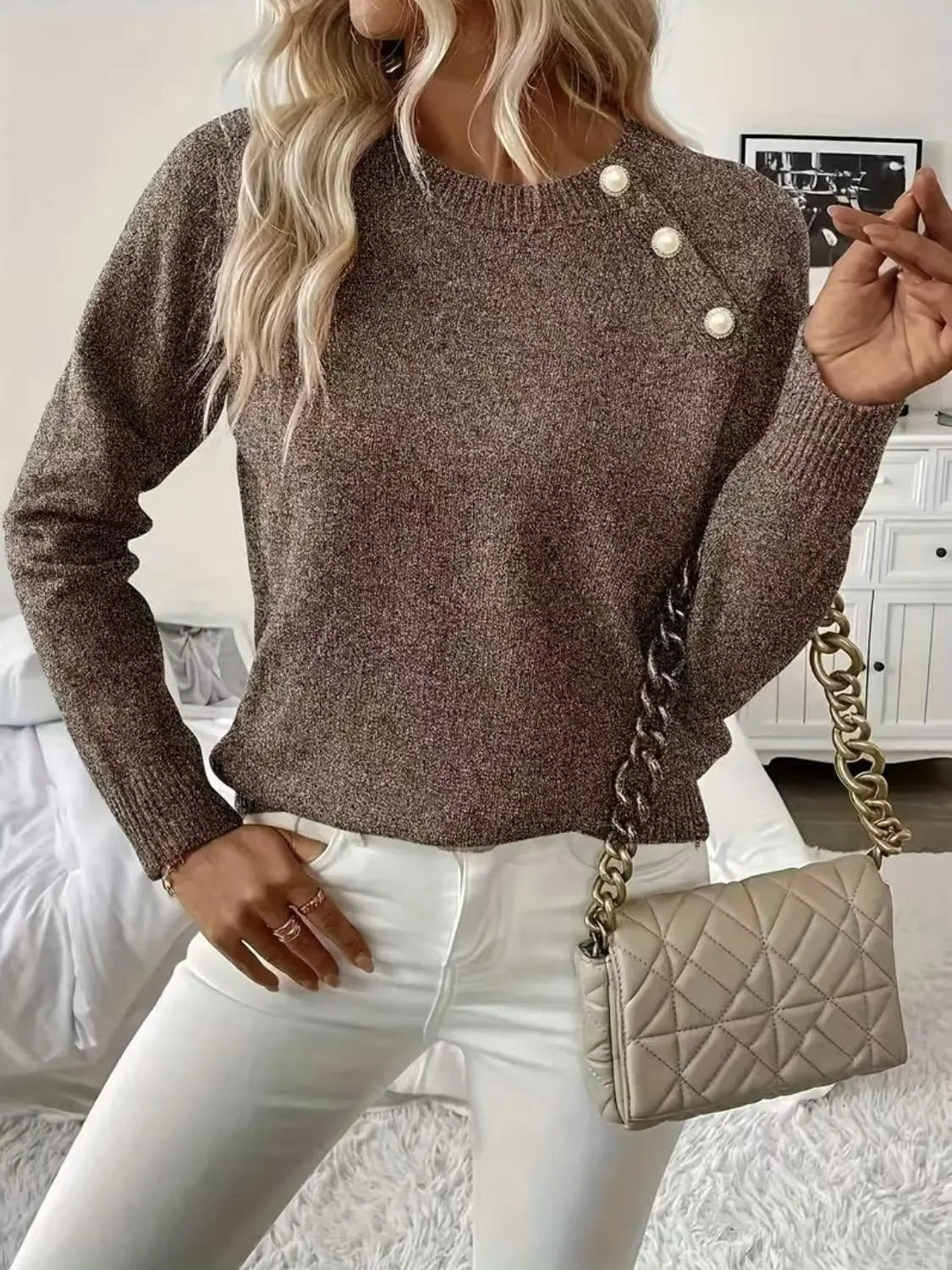 Women's Shoulder Button Pullover Sweater in Soft Knit Fabric for Casual and Work Wear | Lonoma