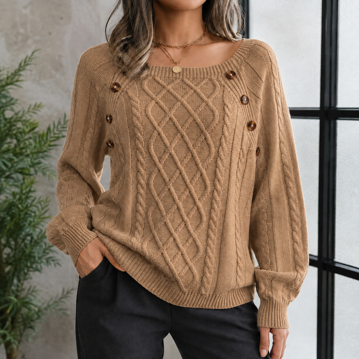 Shoulder Button Cable Knit Pullover Sweater for Women | Chunky Ribbed Crewneck Jumper Fall Winter | Classic Textured Long Sleeve Top | Lonoma