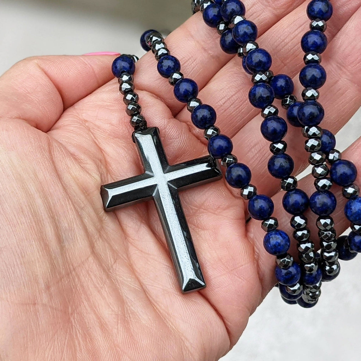 Beaded Stone Necklace for Men with Cross Pendant – Natural Gemstone Jewelry for Everyday Wear, Meditation & Mindfulness | Lonoma