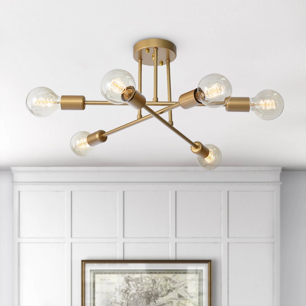 6-Light Ceiling Fixture Mid-Century Starburst Design Gold Metal Arms E26 Socket Sloped Ceiling Compatible Hallway Entryway Dining Room | Lonoma