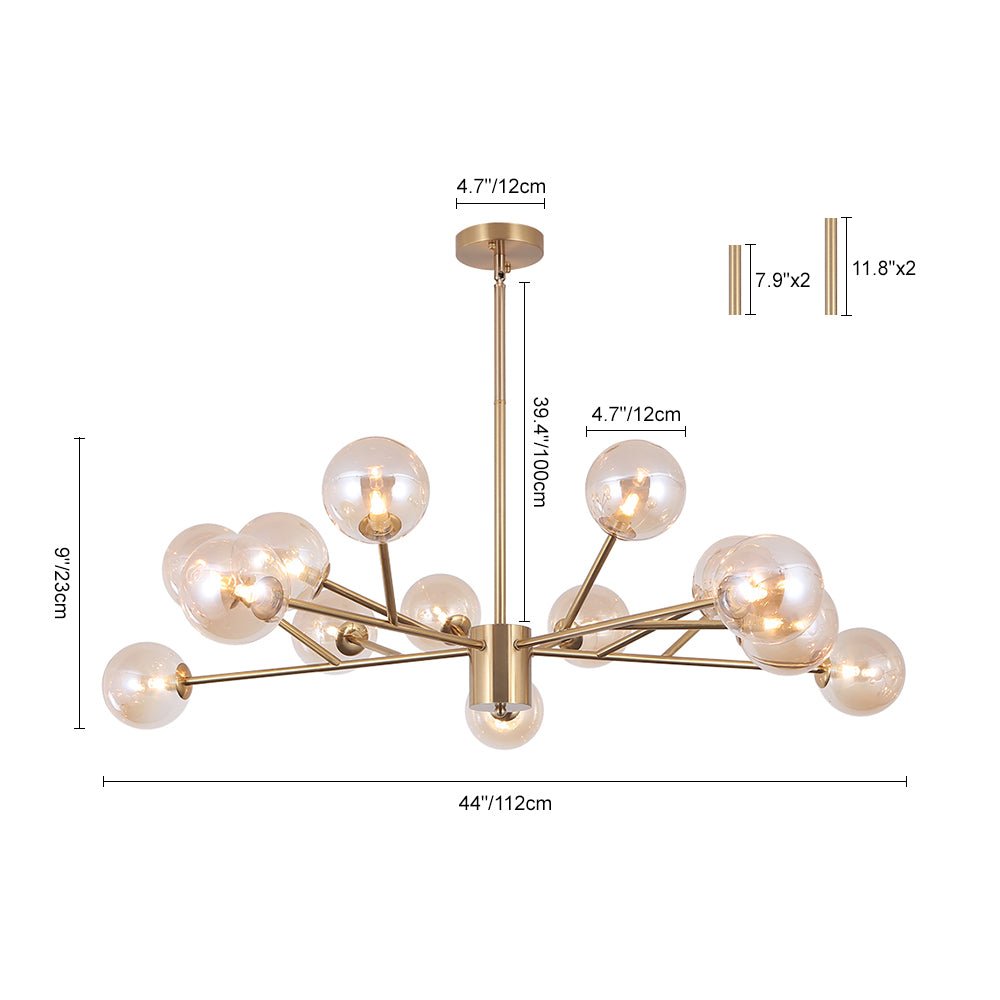 Linear Glass Chandelier 44 Inches with 15 Lights Metal Frame Adjustable Hanging Fixture for Dining Room Kitchen Island | Lonoma