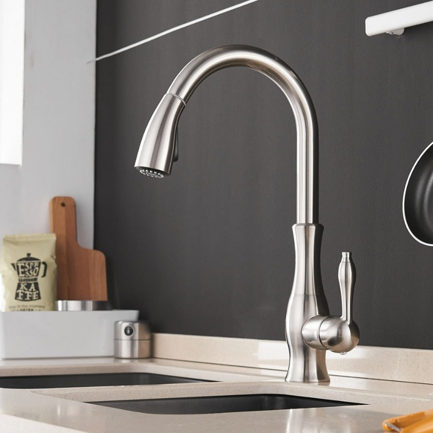 Pull-Out Kitchen Faucet 360° Swivel Brushed Nickel Chrome Gold Black Single Hole Sprayer Sink Mixer Tap for Modern Farmhouse Home | Lonoma