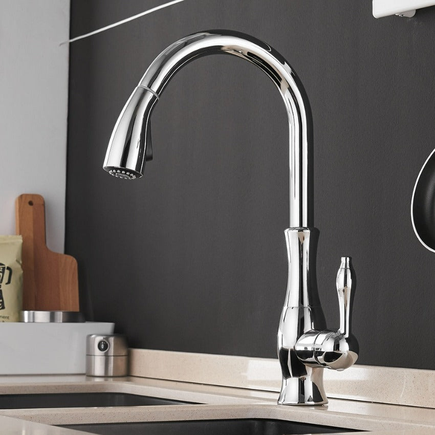 Pull-Out Kitchen Faucet 360° Swivel Brushed Nickel Chrome Gold Black Single Hole Sprayer Sink Mixer Tap for Modern Farmhouse Home | Lonoma