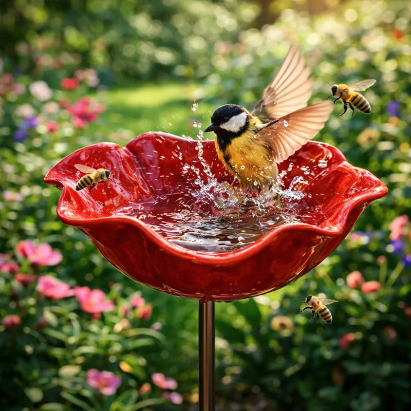 Metal Garden Stake Bird Bath 24 in Flower-Shaped Water Dish for Birds Butterflies Bees Yard Art Lawn Ornament Outdoor Decor Stakes | Lonoma