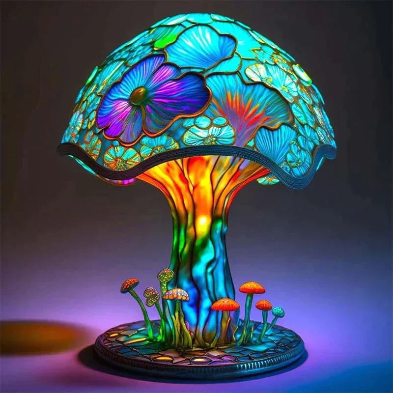 Stained Glass Style Resin Mushroom Table Lamp, Colorful Sculpted Ambient Night Light for Kids Room, Bedside, Living Room Decor | Lonoma