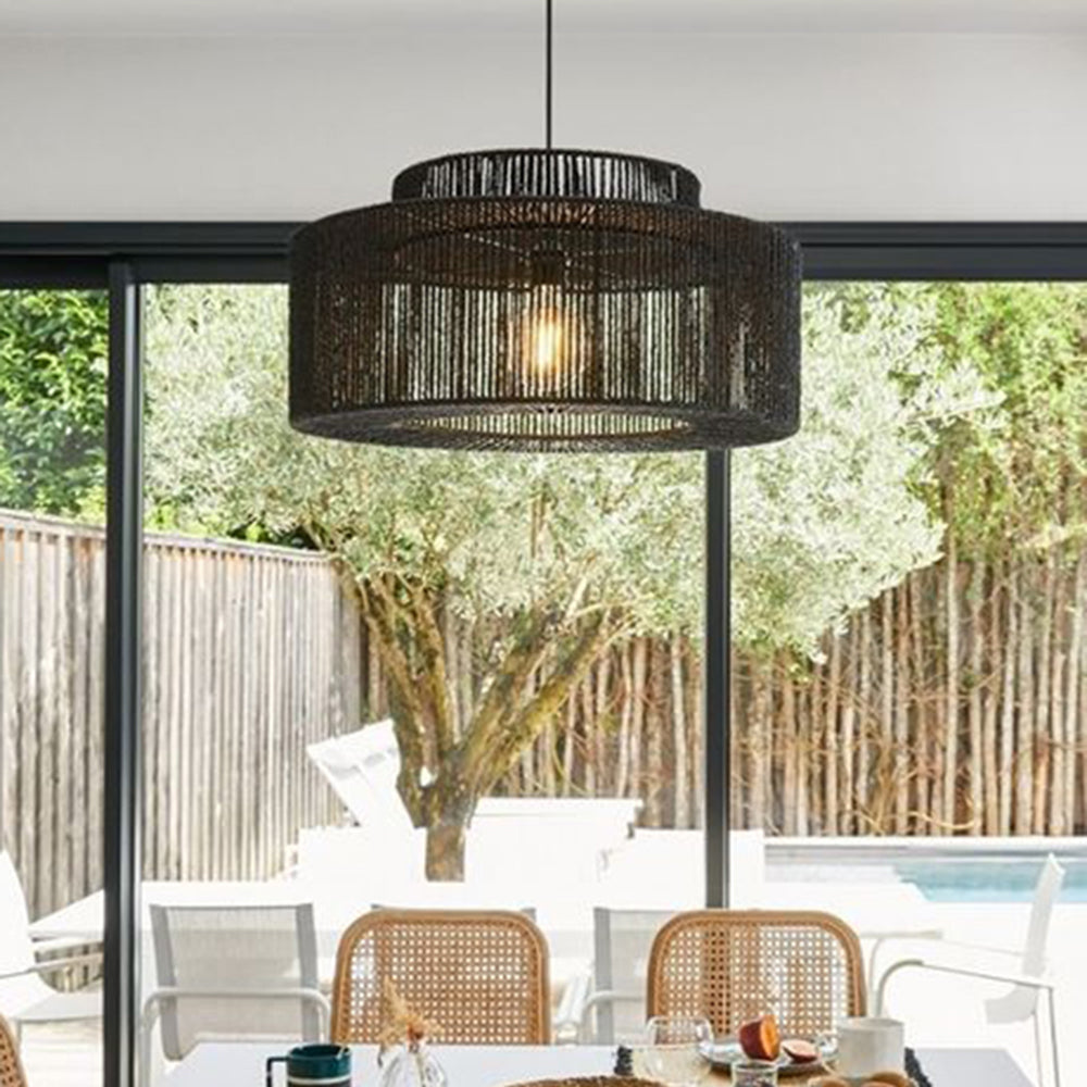 Hand-Woven Rattan Drum Pendant Light Black Metal Farmhouse Ceiling Fixture E27 Hanging Lamp for Dining Room Kitchen Island Bedroom | Lonoma
