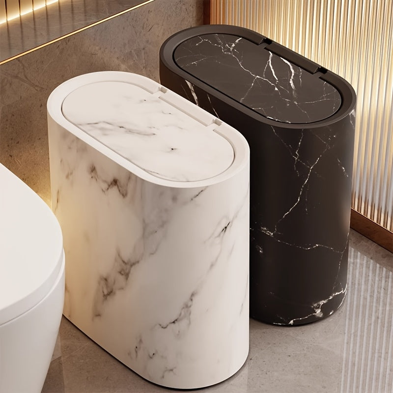 Compact Lidded Waste Bin Oval Marble-Look Trash Can 11.4 × 11.4 × 5.7 in Plastic for Bathroom Kitchen Bedroom Office Small Space | Lonoma